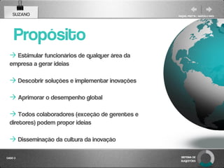 SUZANO                                       RAQUEL PISETTA | MARCELO PAES




    Propósito
   Estimular funcionários de qualquer área da
  empresa a gerar ideias

   Descobrir soluções e implementar inovações

   Aprimorar o desempenho global

   Todos colaboradores (exceção de gerentes e
  diretores) podem propor ideias

   Disseminação da cultura da inovação

CASO 3                                            SISTEMA DE
                                                  SUGESTÕES
 