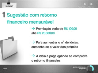 SUZANO                                             RAQUEL PISETTA | MARCELO PAES




1 Sugestão com retorno
         financeiro mensurável
                     Premiação varia de R$ 100,00
                    até R$ 20.000,00

                     Para aumentar o n° de ideias,
                    aumenta-se o valor dos prêmios

                     A ideia é paga quando se comprova
                    o retorno financeiro
                                               GESTÃO DO SISTEMA DE
CASO 3                                                   SUGESTÕES
 