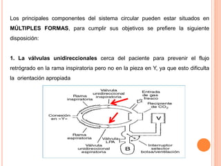 Los principales componentes del sistema circular pueden estar situados en
MÚLTIPLES FORMAS, para cumplir sus objetivos se prefiere la siguiente
disposición:
1. La válvulas unidireccionales cerca del paciente para prevenir el flujo
retrógrado en la rama inspiratoria pero no en la pieza en Y, ya que esto dificulta
la orientación apropiada
 