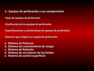 1.- Equipos de perforación y sus componentes
•Tipos de equipos de perforación
•Clasificación de los equipos de perforación...