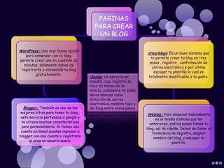 PAGINAS
                                          PARA CREAR
                                           UN BLOG

WordPress: Una muy buena opción
                                                                    Crearblogs: Es un buen sistema que
   para comenzar con tu blog,
                                                                      te permite crear tu blog en tres
permite crear uno en cuestión de
                                                                      pasos , registro , confirmación de
  minutos, solamente debes de
                                                                       correo electrónico y por ultimo
 registrarte y obtendrás tu blog
                                                                        escoger tu plantilla la cual es
         gratuitamente.
                                       Obolog: Un servicio en        totalmente modificable a tu gusto.
                                       español cuyo registro se
                                       hace en menos de un
                                       minuto, solamente te piden
                                       datos básicos como
                                       dirección de correo
                                       electrónico, nombre tuyo y
  Blogger: También es uno de los       del blog entre otros pocos
 mejores sitios para tener tu blog ,                                Weblog: Para empezar básicamente
 este servicio pertenece a google y
                                                                          es el mismo sistema que los
 te ofrece muchas características                                     anteriores, entres pasos tienes tu
 para personalizarlo. Si tienes una
                                                                    blog, así de rápido. Debes de llenar el
 cuenta en Gmail puedes ingresar a                                     formulario de registro, asignar
blogger con esa cuenta o regístrate
                                                                        nombre del blog, y escoger tu
      si eres un usuario nuevo.                                                     plantilla.
 