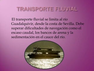 El transporte fluvial se limita al río
Guadalquivir, desde la costa de Sevilla. Debe
superar dificultades de navegación como el
escaso caudal, los bancos de arena y la
sedimentación en el cauce del río.
 