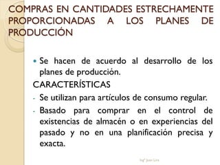 COMPRAS EN CANTIDADES ESTRECHAMENTE
PROPORCIONADAS A LOS PLANES DE
PRODUCCIÓN

     Se hacen de acuerdo al desarrollo de los
      planes de producción.
    CARACTERÍSTICAS
    - Se utilizan para artículos de consumo regular.
    - Basado para comprar en el control de
      existencias de almacén o en experiencias del
      pasado y no en una planificación precisa y
      exacta.
                                Ingº Juan Lira
 
