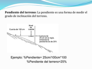 Pendiente del terreno: La pendiente es una forma de medir el
grado de inclinación del terreno.
Ejemplo: %Pendiente= 25cm/100cm*100
%Pendiente del terreno=25%
 