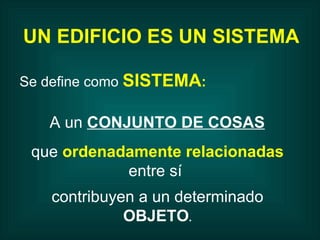 A un  C ONJUNTO DE COSAS   que  ordenadamente relacionadas  entre sí  contribuyen a un determinado  OBJETO . UN EDIFICIO ES UN SISTEMA Se define como  SISTEMA : 