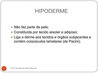 HIPODERME
 Não faz parte da pele;
 Constituída por tecido areolar e adiposo;
 Liga a derme aos tecidos e órgãos subjacentes e
contém corpúsculos lamelares (de Pacini);
4 Profª Gracieli da Silva Henicka
 