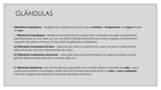 GLÂNDULAS
◦ Glândulas Sudoríparas - As glândulas sudoríparas servem para controlar a temperatura do corpo através
do suor.
◦ 1. Glândulas Sudoríparas: membrana encontrada em quase toda a extensão da pele e responsável
pela liberação do suor. Este, por sua vez, libera substâncias tóxicas do corpo e regula a temperatura
corporal. Nos seres humanos, há dois tipos de glândulas sudoríparas:
◦ a) Glândulas Sudoríparas Écrinas – dispostas por toda a superfície do corpo humano e responsáveis
pela produção de suor e temperatura do corpo.
◦ b) Glândulas Sudoríparas Apócrinas – essas glândulas são encontradas nas axilas e próximas à área
genital. Responsáveis pelo odor causado pelo suor.
◦ 2. Glândulas Sebáceas: são microscópicas e guardam uma matéria oleosa chamada de sebo, que é
usada para lubrificar e proteger a pele. São encontradas principalmente no rosto e couro cabeludo,
mas não há glândulas sebáceas na planta dos pés e nas mãos.
 