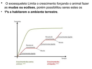 O exoesqueleto Limita o crescimento forçando o animal fazer as  mudas ou ecdises , porém possibilitou seres estes os 1ºs a habitarem o ambiente terrestre . 