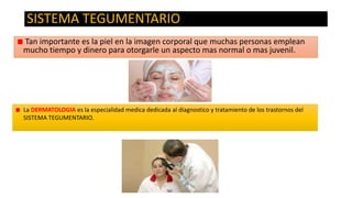 SISTEMA TEGUMENTARIO
Tan importante es la piel en la imagen corporal que muchas personas emplean
mucho tiempo y dinero para otorgarle un aspecto mas normal o mas juvenil.

La DERMATOLOGIA es la especialidad medica dedicada al diagnostico y tratamiento de los trastornos del
SISTEMA TEGUMENTARIO.

 