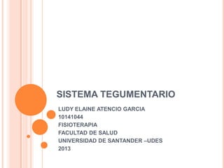 SISTEMA TEGUMENTARIO
LUDY ELAINE ATENCIO GARCIA
10141044
FISIOTERAPIA
FACULTAD DE SALUD
UNIVERSIDAD DE SANTANDER –UDES
2013
 