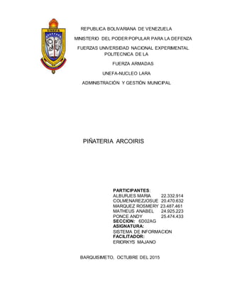 REPUBLICA BOLIVARIANA DE VENEZUELA
MINISTERIO DEL PODER POPULAR PARA LA DEFENZA
FUERZAS UNIVERSIDAD NACIONAL EXPERIMENTAL
POLITECNICA DE LA
FUERZA ARMADAS
UNEFA-NUCLEO LARA
ADMINISTRACIÓN Y GESTIÓN MUNICIPAL
PIÑATERIA ARCOIRIS
PARTICIPANTES:
ALBURJES MARIA 22.332.914
COLMENAREZJOSUE 20.470.632
MARQUEZ ROSMERY 23.487.461
MATHEUS ANABEL 24.925.223
PONCE ANDY 25.474.433
SECCION: 6D02AG
ASIGNATURA:
SISTEMA DE INFORMACION
FACILITADOR:
ERIORKYS MAJANO
BARQUISIMETO, OCTUBRE DEL 2015
 