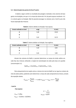 5.2 - Determinação dos pontos tie line (2° parte)

        A tabela a seguir contém os resultados das pesagens realizadas e dos volumes de base
gastos nas titulações, em que: m é a massa do volume de 5 mL da parte aquosa resultante e VT
é o volume gasto na titulação. Não foi possível prosseguir os cálculos com o funil B, pois não
houve separação das misturas.


                        Tabela 6. Valores obtidos na titulação. Fase aquosa.
  Ensaio realizado no funil                    m (g)                             VT (mL)
              A                                 5,48                             19,43
              B                                   -                                 -
              C                                 5,52                             15,75


                        Tabela 7. Valores obtidos na titulação. Fase orgânica.
  Ensaio realizado no funil                    m (g)                             VT (mL)
              A                                 4,30                              8,90
              B                                   -                                 -
              C                                 4,16                              5,60


      Através dos volumes de NaOH, é possível determinar as massas de ácido acético em
cada fase das misturas utilizando a reação de neutralização do ácido pela base em questão
(concentração 1:1).
                          NaOH(aq) + CH3COOH(aq) → NaCH3COO(aq) + H2O(l)


      Pela estequiometria da reação acima o número de mols de NaOH vai ser igual ao número de
mols do ácido acético, podendo assim determinar a massa de cada componente da mistura, através
das equações abaixo.




- Funil A:
      - fase aquosa:
                                                                   n
                                                            C=
                                                                V (L)
      mtotal = 5,48 g                                   nNaOH = 0,039
      VNaOH = 19,43mL = 0,01943 L                mol

                                                                                           11
 