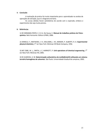 5- Conclusão

          A realização da pratica foi muito importante para o aprendizado na analise de
   operações de extração, que é o diagrama ternário.
          As curvas obtidas foram satisfatórias de acordo com o esperado, embora o
   experimento não seja muito preciso.


6- Referências

   1) DE MIRANDA-PINTO, C. O. B.; De Souza, E. Manual de trabalhos práticos de Físico-
   química. Belo Horizonte: Editora UFMG, 2006.


   2) DANIELS, F.; MATHEWS, J. H.; WILLIAMS, J. W.; BENDER, P. ALBERTY, R. A. Experimental
   physical chemistry. 5th ed. New York: McGraw-Hill Book Company, 1956.


   3) MC CABE, W. L.; SMITH, J. C. HARRIOTT, P. Unit operations of chemical engeneering. 7th
   ed. New York: McGraw Hill, 2005.

   4) DE ALMEIDA, A. M. Determinação voltamétrica de molibdênio(VI) utilizando um sistema
   ternário homogêneo de solventes. São Paulo: Universidade Estadual de campinas, 2003.




                                                                                    15
 