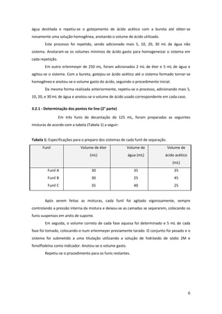 água destilada e repetiu-se o gotejamento de ácido acético com a bureta até obter-se
novamente uma solução homogênea, anotando o volume de ácido utilizado.
       Este processo foi repetido, sendo adicionado mais 5, 10, 20, 30 mL de água não
sistema. Anotaram-se os volumes mínimos de ácido gasto para homogeneizar o sistema em
cada repetição.
       Em outro erlenmeyer de 250 mL, foram adicionados 2 mL de éter e 5 mL de água e
agitou-se o sistema. Com a bureta, gotejou-se ácido acético até o sistema formado tornar-se
homogêneo e anotou-se o volume gasto do ácido, seguindo o procedimento inicial.
       Da mesma forma realizada anteriormente, repetiu-se o processo, adicionando mais 5,
10, 20, e 30 mL de água e anotou-se o volume de ácido usado correspondente em cada caso.

3.2.1 - Determinação dos pontos tie line (2° parte)

                  Em três funis de decantação de 125 mL, foram preparadas as seguintes
misturas de acordo com a tabela (Tabela 1) a seguir:


Tabela 1: Especificações para o preparo dos sistemas de cada funil de separação.
      Funil                  Volume de éter               Volume de                Volume de
                                  (mL)                    água (mL)            ácido acético
                                                                                     (mL)
         Funil A                   30                        35                       35
         Funil B                   30                        25                       45
         Funil C                   35                        40                       25


       Após serem feitas as misturas, cada funil foi agitado vigorosamente, sempre
controlando a pressão interna da mistura e deixou-se as camadas se separarem, colocando os
funis suspensos em anéis de suporte.
       Em seguida, o volume correto de cada fase aquosa foi determinado e 5 mL de cada
fase foi tomado, colocando-o num erlenmeyer previamente tarado. O conjunto foi pesado e o
sistema foi submetido a uma titulação utilizando a solução de hidróxido de sódio 2M e
fenolftaleína como indicador. Anotou-se o volume gasto.
       Repetiu-se o procedimento para os funis restantes.




                                                                                               6
 
