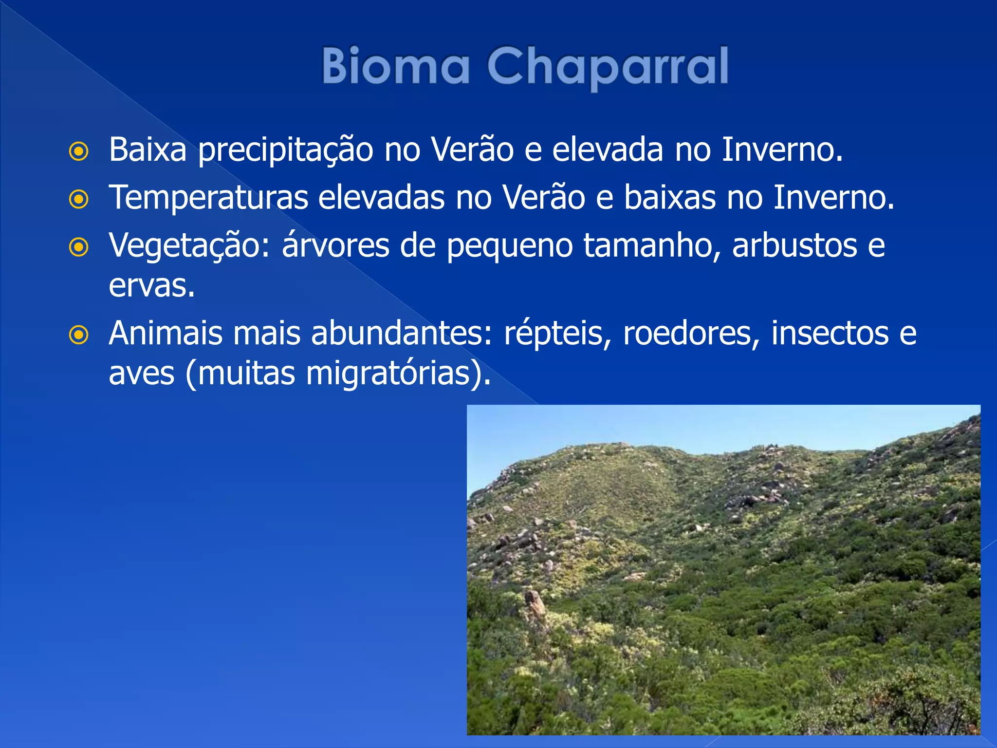  Baixa precipitação no Verão e elevada no Inverno.
 Temperaturas elevadas no Verão e baixas no Inverno.
 Vegetação: árvores de pequeno tamanho, arbustos e
ervas.
 Animais mais abundantes: répteis, roedores, insectos e
aves (muitas migratórias).
 