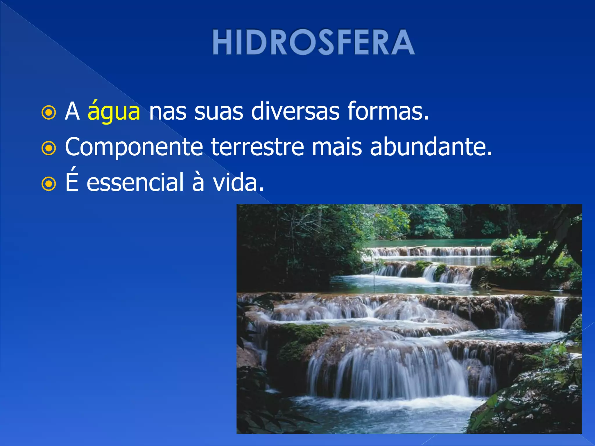  A água nas suas diversas formas.
 Componente terrestre mais abundante.
 É essencial à vida.
 