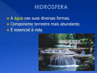  A água nas suas diversas formas.
 Componente terrestre mais abundante.
 É essencial à vida.
 