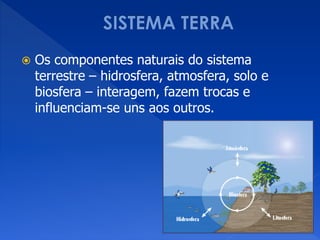  Os componentes naturais do sistema
terrestre – hidrosfera, atmosfera, solo e
biosfera – interagem, fazem trocas e
influenciam-se uns aos outros.
 