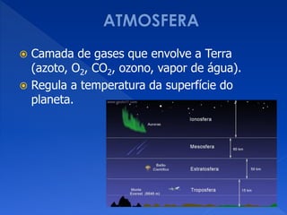  Camada de gases que envolve a Terra
(azoto, O2, CO2, ozono, vapor de água).
 Regula a temperatura da superfície do
planeta.
 