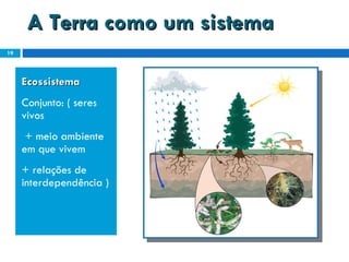 A Terra como um sistema Ecossistema Conjunto: ( seres vivos + meio ambiente em que vivem  + relações de interdependência )  