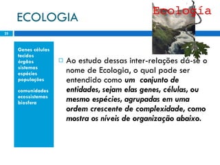 ECOLOGIA Genes células tecidos órgãos sistemas espécies populações comunidades ecossistemas biosfera Ao estudo dessas inter-relações dá-se o nome de Ecologia, o qual pode ser entendido como  um  conjunto de entidades, sejam elas genes, células, ou mesmo espécies, agrupadas em uma ordem crescente de complexidade, como mostra os níveis de organização abaixo. 
