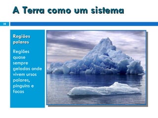 A Terra como um sistema Regiões polares Regiões quase sempre geladas onde vivem ursos polares, pinguins e focas 