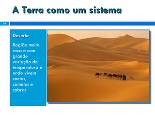 A Terra como um sistema Deserto  Região muito seca e com grande variação de temperatura e onde vivem cactos, camelos e cobras 