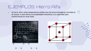 EJEMPLOS: Hierro Alfa
▶ el hierro alfa a altas temperaturas exhibe una estructura tetragonal centrada en
el cuerpo, lo que afecta sus propiedades mecánicas y su capacidad para
transformarse en otras fases
