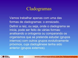 Cladogramas
Vamos trabalhar apenas com uma das
formas de cladogramas: o enraizado.
Definir a raiz, ou seja, onde o cladograma se
inicia, pode ser feito de várias formas:
analisando a ontogenia ou comparando os
organismos que se pretende estudar (grupos
internos) com outros grupos evolutivamente
próximos, cuja cladogênese tenha sido
anterior (grupos externos).

 