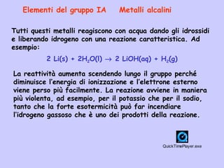 Elementi del gruppo IA Metalli alcalini
Tutti questi metalli reagiscono con acqua dando gli idrossidi
e liberando idrogeno con una reazione caratteristica. Ad
esempio:
2 Li(s) + 2H2O(l) → 2 LiOH(aq) + H2(g)
La reattività aumenta scendendo lungo il gruppo perché
diminuisce l’energia di ionizzazione e l’elettrone esterno
viene perso più facilmente. La reazione avviene in maniera
più violenta, ad esempio, per il potassio che per il sodio,
tanto che la forte esotermicità può far incendiare
l’idrogeno gassoso che è uno dei prodotti della reazione.
QuickTimePlayer.exe
 