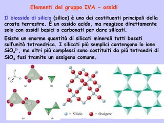 Elementi del gruppo IVA - ossidi
Il biossido di silicio (silice) è uno dei costituenti principali della
crosta terrestre. È un ossido acido, ma reagisce direttamente
solo con ossidi basici o carbonati per dare silicati.
Esiste un enorme quantità di silicati minerali tutti basati
sull’unità tetraedrica. I silicati più semplici contengono lo ione
SiO4
2-
, ma altri più complessi sono costituiti da più tetraedri di
SiO4 fusi tramite un ossigeno comune.
 