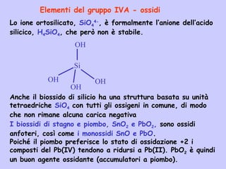 Elementi del gruppo IVA - ossidi
I biossidi di stagno e piombo, SnO2 e PbO2, sono ossidi
anfoteri, così come i monossidi SnO e PbO.
Poiché il piombo preferisce lo stato di ossidazione +2 i
composti del Pb(IV) tendono a ridursi a Pb(II). PbO2 è quindi
un buon agente ossidante (accumulatori a piombo).
Lo ione ortosilicato, SiO4
4-
, è formalmente l’anione dell’acido
silicico, H4SiO4, che però non è stabile.
Si
OH
OH
OH
OH
Anche il biossido di silicio ha una struttura basata su unità
tetraedriche SiO4 con tutti gli ossigeni in comune, di modo
che non rimane alcuna carica negativa
 