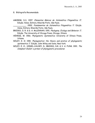 Mazzarolo, L. A., 2005


8. Bibliografia Recomendada



AMORIM, D.S. 1997. Elementos Básicos de Sistemática Filogenética. 2a.
    Edição. Holos, Editora. Ribeirão Preto, São Paulo.
___________. 2002. Fundamentos de Sistemática Filogenética. 1a. Edição.
    Holos, Editora. Ribeirão Preto, São Paulo.
BROOKS, D. R. & D. A. McLENNAN. 1991. Phylogeny, Ecology and Behavior. 1a.
    Edição. The University of Chicago Press, Chicago, Illinois.
HENNIG, W. 1966. Phylogenetic Systematics. University of Illinois Press,
    Urbana.
WILEY, E. O. 1981. Phylogenetics: the theory and pratice of phylogenetic
    systematics. 1a. Edição. John Wiley and Sons, New York.
WILEY, E. O., SIEGEL-CAUSEY, D., BROOKS, D.R. & V. A. FUNK. 1991. The
    Compleat Cladist: a primer of phylogenetic procedures




                                                                           24
 