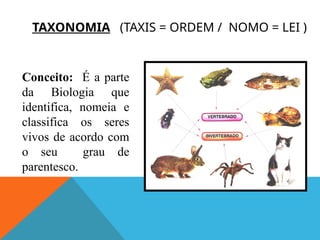TAXONOMIA (TAXIS = ORDEM / NOMO = LEI )
Conceito: É a parte
da Biologia que
identifica, nomeia e
classifica os seres
vivos de acordo com
o seu grau de
parentesco.
 