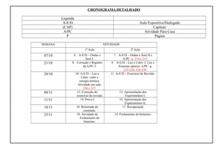 CRONOGRAMA DETALHADO
Legenda
A-E/D Aula Expositiva/Dialogada
(CAP) Capítulo
A/PC Atividade Para Casa
P Página
SEMANA ATIVIDADE
1ª Aula 2ª Aula
07/10 6. A-E/D – Ondas e
Som I.
7. A-E/D – Ondas e Som II e
A/PC: p. 214 e 215.
21/10 8. Correção e Registro
da A/PC I.
9. A-E/D – Luz e Calor: I: Luz e
Sistemas ópticos. A/PC: p.
219-220; 228-230.
28/10 10. A-E/D – Luz e
Calor: calor e
energia térmica.
Atividade em sala:
234 e 237.
11. A-E/D – Exercício de Revisão.
04/11 12. Correção do
exercício de revisão
13. Apresentação dos
Experimentos I.
11/11 14. Prova I 15. Apresentação dos
Experimentos II.
18/11 16. Retomada do
conteúdo.
17. Recuperação
25/11 18. Atividade de
Fechamento do
bimestre.
19. Fechamento do bimestre.
 