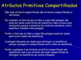 Atributos Primitivos Compartilhados
 Não todo atributo compartilhada são atributos compartilhados e
    derivados

 Por exemplo, ao fato de que os cães e ursos têm pelagem não
     pode ser usado como forma de classificar cães e ursos como
     carnívoros, porque o ancestral do carnívoro ancestral, outro
     mamífero, também tinha pelagem

 Porém, o fato que os cães e ursos têm pelagem pode ser usado
    para incluir esses nos mamíferos

 A pelagem não pode ser usado para distinguir os mamíferos
    porque a pelagem é compartilhada entre todos os mamíferos

 Porém, a pelagem é um atributo primitivo compartilhado dos
    mamíferos, mas é um atributo derivado compartilhado ao
    distinguir os mamíferos de outras linhagens
 