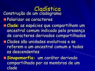 Cladística
Construção de um cladograma
 Polarizar os caracteres
 Clade: as espécies que compartilham um
 ancestral comum indicado pela presença
 de caracteres derivados compartilhados
 Clades são unidades evolutivas e se
 referem a um ancestral comum e todos
 os descendentes
 Sinapomorfia: um caráter derivado
 compartilhado por os membros de um
 clade
 
