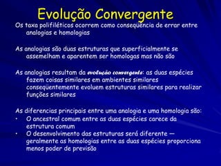 Evolução Convergente
Os taxa polifiléticos ocorrem como conseqüência de errar entre
   analogias e homologias

As analogias são duas estruturas que superficialmente se
    assemelham e aparentem ser homologas mas não são

As analogias resultam da evolução convergente: as duas espécies
    fazem coisas similares em ambientes similares
    conseqüentemente evoluem estruturas similares para realizar
    funções similares

As diferencias principais entre uma analogia e uma homologia são:
• O ancestral comum entre as duas espécies carece da
   estrutura comum
• O desenvolvimento das estruturas será diferente —
   geralmente as homologias entre as duas espécies proporciona
   menos poder de previsão
 