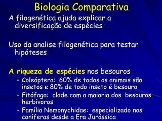 Biologia Comparativa
A filogenética ajuda explicar a
 diversificação de espécies

Uso da analise filogenética para testar
 hipóteses

A riqueza de espécies nos besouros
  – Coleóptera: 60% de todos os animais são
    insetos e 80% de todo inseto é besouro
  – Fitófaga: clade com a maioria dos besouros
    herbívoros
  – Família Nemonychidae: especializado nos
    coníferas desde a Era Jurássica
 