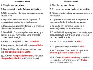 GIMNOSPERMAS
1. São plantas vasculares.
2. Possuem raiz, caule, folhas e sementes.
3. Não necessitam da água para que ocorra a
fecundação.
4. O gameta masculino não é flagelado. É
transportado dentro do grão de pólen.
5. Da união dos gametas, forma-se o embrião
(dentro de uma semente).
6. O embrião fica protegido na semente, que
possui reservas nutritivas e uma proteção
contra a desidratação.
7. A estrutura reprodutora é o estróbilo.
8. Os gametas são produzidos nos estróbilos.
9. Os estróbilos não atraem os animais, por
isso são polinizadas pelo vento.
10. As flores não possuem ovários, portanto
não produzem frutos (a semente é nua)
ANGIOSPERMAS
1. São plantas vasculares.
2. Possuem raiz, caule, folhas e sementes.
3. Não necessitam da água para que ocorra a
fecundação.
4. O gameta masculino não é flagelado. É
transportado dentro do grão de pólen.
5. Da união dos gametas, forma-se o
embrião (dentro de uma semente).
6. O embrião fica protegido na semente, que
possui reservas nutritivas e uma proteção
contra a desidratação.
7. A estrutura reprodutora é a flor.
8. Os gametas são produzidos na flor.
9. As flores produzem o néctar que atrai
animais que fazem a polinização.
10. As flores possuem ovários que, após a
fecundação, se transformam em frutos
(com a semente dentro).
 