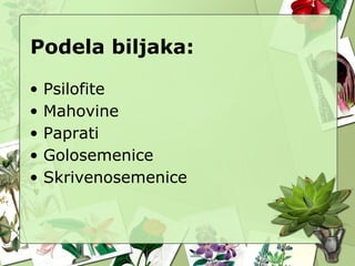 Podela biljaka:
• Psilofite
• Mahovine
• Paprati
• Golosemenice
• Skrivenosemenice
 