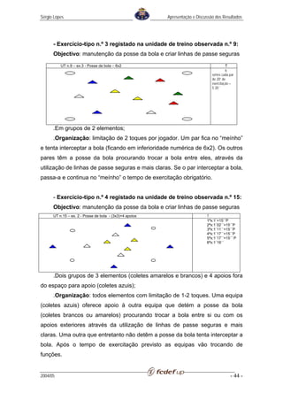 Sérgio Lopes                                             Apresentação e Discussão dos Resultados




      - Exercício-tipo n.º 3 registado na unidade de treino observada n.º 9:
      Objectivo: manutenção da posse da bola e criar linhas de passe seguras
          UT n.9 – ex.3 - Posse de bola – 6x2                                            T
                                                                                         6
                                                                                séries cada par
                                                                                de 20” de
                                                                                exercitação =
                                                                                5´20´´




      .Em grupos de 2 elementos;
      .Organização: limitação de 2 toques por jogador. Um par fica no “meínho”
e tenta interceptar a bola (ficando em inferioridade numérica de 6x2). Os outros
pares têm a posse da bola procurando trocar a bola entre eles, através da
utilização de linhas de passe seguras e mais claras. Se o par interceptar a bola,
passa-a e continua no “meínho” o tempo de exercitação obrigatório.


      - Exercício-tipo n.º 4 registado na unidade de treino observada n.º 15:
      Objectivo: manutenção da posse da bola e criar linhas de passe seguras
      UT n.15 – ex. 2 - Posse de bola - (3x3)+4 apoios                       T
                                                                             1ªx:1´+15´´P
                                                                             2ªx:1´02´´+15´´P
                                                                             3ªx:1´11´´+15´´P
                                                                             4ªx:1´17´´+15´´P
                                                                             5ªx:1´17´´+15´´ P
                                                                             6ªx:1´19´´




      .Dois grupos de 3 elementos (coletes amarelos e brancos) e 4 apoios fora
do espaço para apoio (coletes azuis);
      .Organização: todos elementos com limitação de 1-2 toques. Uma equipa
(coletes azuis) oferece apoio à outra equipa que detém a posse da bola
(coletes brancos ou amarelos) procurando trocar a bola entre si ou com os
apoios exteriores através da utilização de linhas de passe seguras e mais
claras. Uma outra que entretanto não detêm a posse da bola tenta interceptar a
bola. Após o tempo de exercitação previsto as equipas vão trocando de
funções.


2004/05                                                                                     - 44 -
 