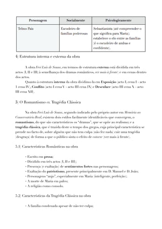 4) Estrutura interna e externa da obra
A obra Frei Luís de Sousa, em termos de estrutura externa está dividida em três
actos (I, II e III; à semelhança dos dramas românticos, ver mais à frente) e em cenas dentro
dos actos.
Quanto à estrutura interna da obra dividimo-la em Exposição (acto I, cena I - acto
1 cena IV), Conﬂito (acto I cena V - acto III cena IX) e Desenlace (acto III cena X - acto
III cena XII).
5) O Romantismo vs. Tragédia Clássica
Na obra Frei Luís de Sousa, segundo indicado pelo próprio autor em Memória ao
Conservatório Real, existem dois estilos facilmente identiﬁcáveis que convergem, o
romantismo, do que são característicos os “dramas”, que se opõe ao realismo; e a
tragédia clássica, que é trazida deste o tempo dos gregos, cuja principal característica se
prende no facto de, sobre alguém que não tem culpa (não fez nada) cair uma tragédia
(desgraça) de forma a que o público sinta o efeito de catarse (ver mais à frente).
5.1) Características Românticas na obra
- Escrito em prosa;
- Dividido em três actos (I, II e III);
- Presença (e exaltação) de sentimentos fortes nas personagens;
- Exaltação do patriotismo, presente principalmente em D. Manuel e D. João;
- Personagens “anjo”, especialmente em Maria (inteligente, perfeição);
- A morte de Maria em palco;
- A religião como consolo.
5.2) Características da Tragédia Clássica na obra
- A família condenada apesar de não ter culpa;
 