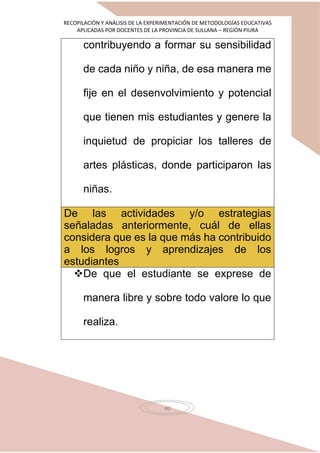 RECOPILACIÓN Y ANÁLISIS DE LA EXPERIMENTACIÓN DE METODOLOGÍAS EDUCATIVAS
APLICADAS POR DOCENTES DE LA PROVINCIA DE SULLANA – REGIÓN PIURA
40
contribuyendo a formar su sensibilidad
de cada niño y niña, de esa manera me
fije en el desenvolvimiento y potencial
que tienen mis estudiantes y genere la
inquietud de propiciar los talleres de
artes plásticas, donde participaron las
niñas.
De las actividades y/o estrategias
señaladas anteriormente, cuál de ellas
considera que es la que más ha contribuido
a los logros y aprendizajes de los
estudiantes
De que el estudiante se exprese de
manera libre y sobre todo valore lo que
realiza.
 
