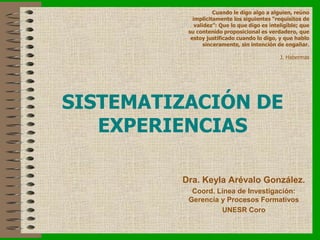 SISTEMATIZACIÓN DE
EXPERIENCIAS
Dra. Keyla Arévalo González.
Coord. Línea de Investigación:
Gerencia y Procesos Formativos...