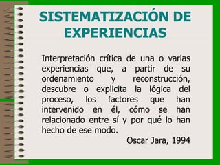 Interpretación crítica de una o varias
experiencias que, a partir de su
ordenamiento y reconstrucción,
descubre o explicit...