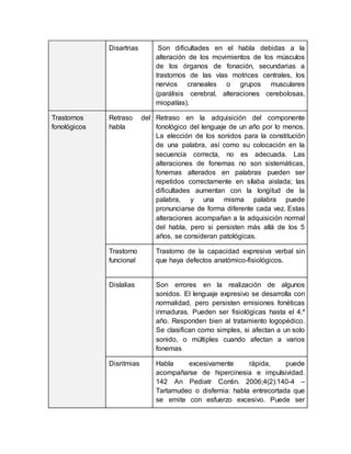 Disartrias Son dificultades en el habla debidas a la
alteración de los movimientos de los músculos
de los órganos de fonación, secundarias a
trastornos de las vías motrices centrales, los
nervios craneales o grupos musculares
(parálisis cerebral, alteraciones cerebolosas,
miopatías).
Trastornos
fonológicos
Retraso del
habla
Retraso en la adquisición del componente
fonológico del lenguaje de un año por lo menos.
La elección de los sonidos para la constitución
de una palabra, así como su colocación en la
secuencia correcta, no es adecuada. Las
alteraciones de fonemas no son sistemáticas,
fonemas alterados en palabras pueden ser
repetidos correctamente en sílaba aislada; las
dificultades aumentan con la longitud de la
palabra, y una misma palabra puede
pronunciarse de forma diferente cada vez. Estas
alteraciones acompañan a la adquisición normal
del habla, pero si persisten más allá de los 5
años, se consideran patológicas.
Trastorno
funcional
Trastorno de la capacidad expresiva verbal sin
que haya defectos anatómico-fisiológicos.
Dislalias Son errores en la realización de algunos
sonidos. El lenguaje expresivo se desarrolla con
normalidad, pero persisten emisiones fonéticas
inmaduras. Pueden ser fisiológicas hasta el 4.º
año. Responden bien al tratamiento logopédico.
Se clasifican como simples, si afectan a un solo
sonido, o múltiples cuando afectan a varios
fonemas
Disritmias Habla excesivamente rápida, puede
acompañarse de hipercinesia e impulsividad.
142 An Pediatr Contin. 2006;4(2):140-4 –
Tartamudeo o disfemia: habla entrecortada que
se emite con esfuerzo excesivo. Puede ser
 