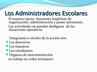 Los Administradores EscolaresLos Administradores Escolares
El maestro ejerce funciones implícitas de
organización, administración y posee autonomía.
Las actividades no pueden desligarse de las
situaciones operativas.
Integrantes o niveles de la acción son:
Los directivos
Los maestros
Los estudiantes
Órganos de instrumentación
se trabaja en orden jerárquico
 