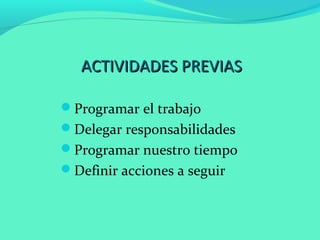 ACTIVIDADES PREVIASACTIVIDADES PREVIAS
Programar el trabajo
Delegar responsabilidades
Programar nuestro tiempo
Definir acciones a seguir
 