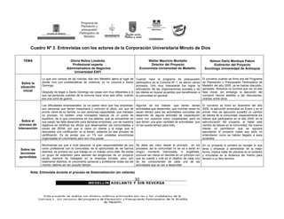 Cuadro Nº 3. Entrevistas con los actores de la Corporación Universitaria Minuto de Dios

   TEMA                             Gloria Nohra Londoño                                          Walter Mauricio Montaño                            Nelson Darío Montoya Pabon
                                     Profesional experta                                           Director del Proyecto                                Exdirector del Proyecto
                                  Administradora de Negocios                                 Economista Universidad de Medellín.                  Sociólogo Universidad de Antioquia
                                      Universidad EAFI

               Lo que uno conoce de las noticias, ese otro Medellín ajeno al lugar de Cuando nace el programa de presupuesto                     El convenio cuando se firmo era del Programa
 Sobre la      donde vivo con problemáticas de violencia, yo no conocía a Santo participativo en la Comuna Nº 1; se dieron varios                de Planeación y Presupuesto Participativo de
               Domingo.                                                               procesos. Uno muy interesante fue lograr la                Medellín del año 2005, ya se habían discutido,
 situación
                                                                                      articulación de las organizaciones sociales y de           aprobado. Nosotros no tuvimos que ver en esa
   inicial     Después de llegar a Santo Domingo las cosas son muy diferentes a lo los líderes en buscar acuerdos que beneficiaran a             fase inicial, sin embargo la ejecución del
               que las personas cuentan de la comuna hace unos seis años, cuando la comunidad en general..                                       convenio hemos asistido a las discusiones,
               era una zona de guerra.                                                                                                           charlas, entre otros.

               Las dificultades empresariales, yo no puedo decir que hay empresas,         Algunos de los líderes, que tienen tantas             El convenio se firmo en diciembre del año
               son personas que tienen maquinaria y conocen el oficio, por que de          actividades que desarrollar, que muchas veces no      2005, la ejecución arrancaba en Enero y en el
               pronto viene de su familia, no son personas capacitadas, que manejan        sacan tiempo para las actividades concretas del       primer mes de ejecución sucedió un cambio
               un proceso, no existen unos conceptos básicos de un punto de                desarrollo de alguna actividad de capacitación        de lideres de la comunidad, especialmente los
               equilibrio, de lo que conocemos en sus talleres, que se encuentran en       como con nosotros como cooperantes, pero es           lideres que participaron en el año 2005, en la
  Sobre el     sus casas, les falta desarrollo para llamarse empresas; uno de nuestros     que tienen una gran cantidad de actividades, que      estructuración del proyecto, al haber este
 proceso de    objetivos es certificar los oficios que desempeñan las comunidades a        no les queda tiempo para todo.                        cambio de lideres en la comunidad, los nuevos
intervención   través del SENA, por que si viene un cliente y le exige que le                                                                    lideres no permitieron que se siguiera
               demuestre una certificación no la tienen, estamos en ese proceso de                                                               ejecutando el proyecto hasta que ellos no
               certificación. Es de anotar que un 1% son unidades económicas                                                                     entendieran como se habían llegado a esos
               organizadas en crecimiento pero son muy pocas.                                                                                    acuerdos.

               Muchísimas por que a nivel personal, la gran responsabilidad de uno         Se debe ser claro desde el principio en los           En un proyecto lo primero es recoger lo que
 Sobre las     como profesional con la comunidad, es la oportunidad de ver barrios         procesos, así la comunidad no se va a sentir en       tenia y empezar a administrar de la mejor
               distintos, es primera vez que trabajo en un trabajo como este. No existe    ningún momento traicionada, ni engañada,              forma, implica tratar de ubicarse en el contexto
 lecciones
               un grupo de extensión para atender las exigencias de un proyecto            procurar ser claros en decirles en un principio con   y vincularse en la dinámica del mismo para
aprendidas     social, siempre he trabajado en la empresa privada, pero son                que se cuenta y cuál es el objetivo de cada uno       llevarlo a un feliz termino.
               totalmente distintos, el crecimiento personal y profesional todas las del   de los componentes de cada una de las
               mundo; lastima ser tan poquito tiempo.                                      actividades que se van a desarrollar

       Nota: Entrevista durante el proceso de Sistematización (en caliente)

                                                                                           30
 